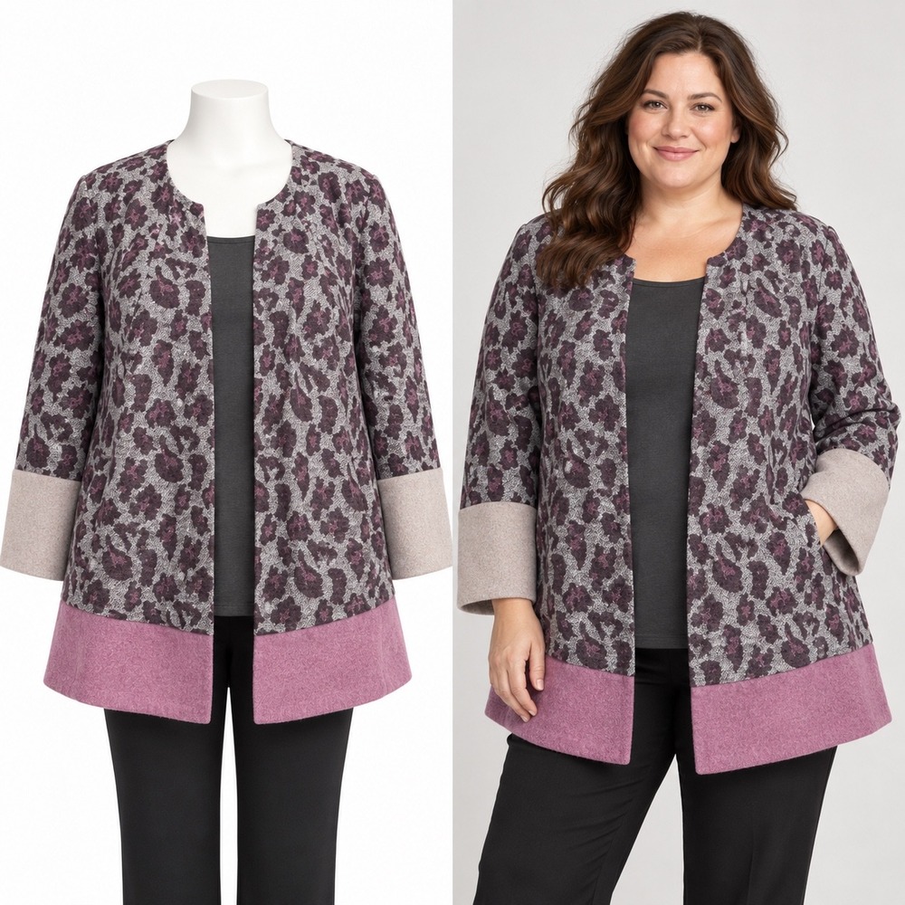 LOGO Lori Goldstein Jacket Women 18W Pink Grey Leopard Colorblock Wool Blend